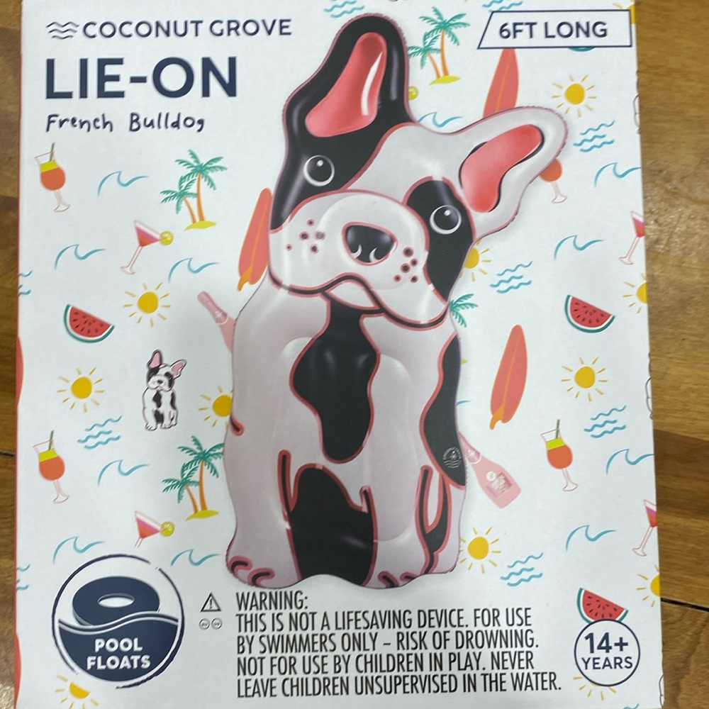 COPY - NWOT.  Coconut Grove, inflatable, lie-on, “French Bulldog”, pool raft.